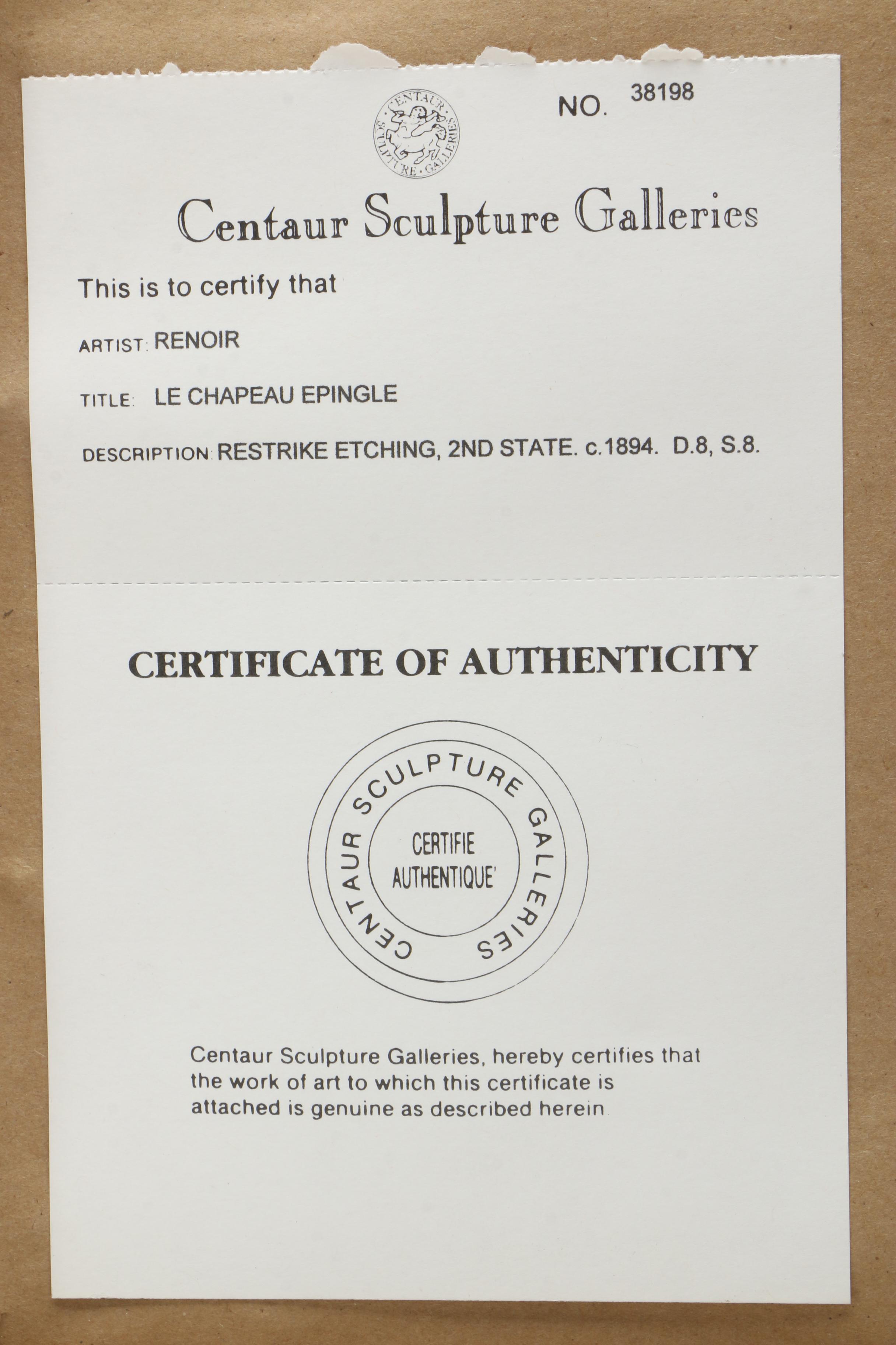 Restrike Etching on Paper After Pierre-Auguste Renoir "Le Chapeau Épinglé"