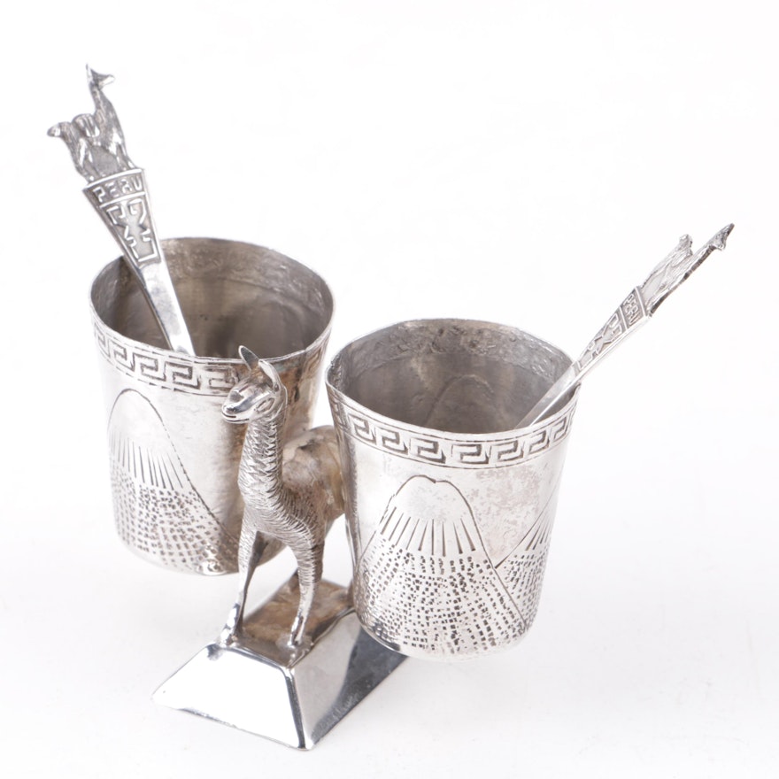 Peruvian Sterling Silver Llama Themed Condiment Server with Spoons