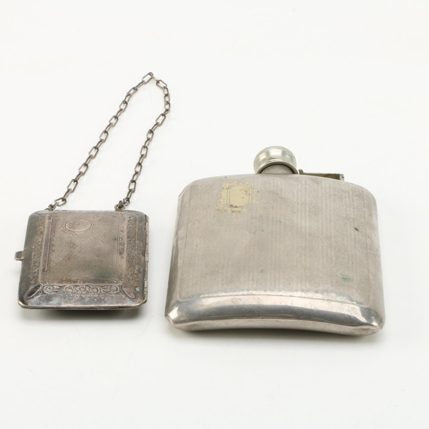 Nickel Silver Flask and Metal Card Holder