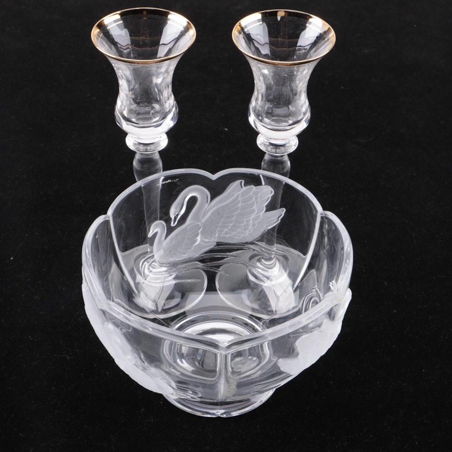 Crystal Cordial Glasses and Frosted Crystal Swan Bowl