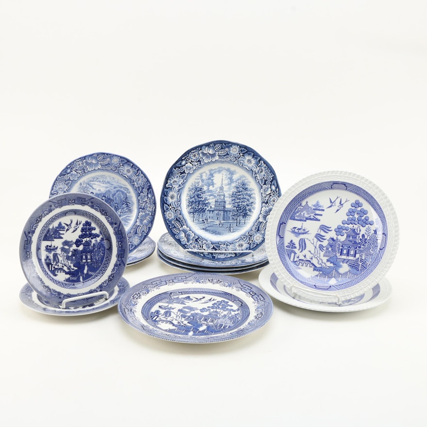 Cobalt on White Porcelain and Ironstone Plates, Including Blue Willow