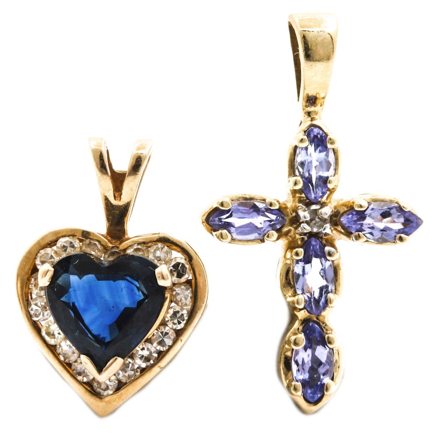 Selection of 14K Yellow Gold Sapphire, Tanzanite and Diamond Pendants