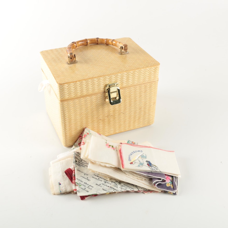 Woven Box Style Vanity Case with Vintage Handkerchiefs