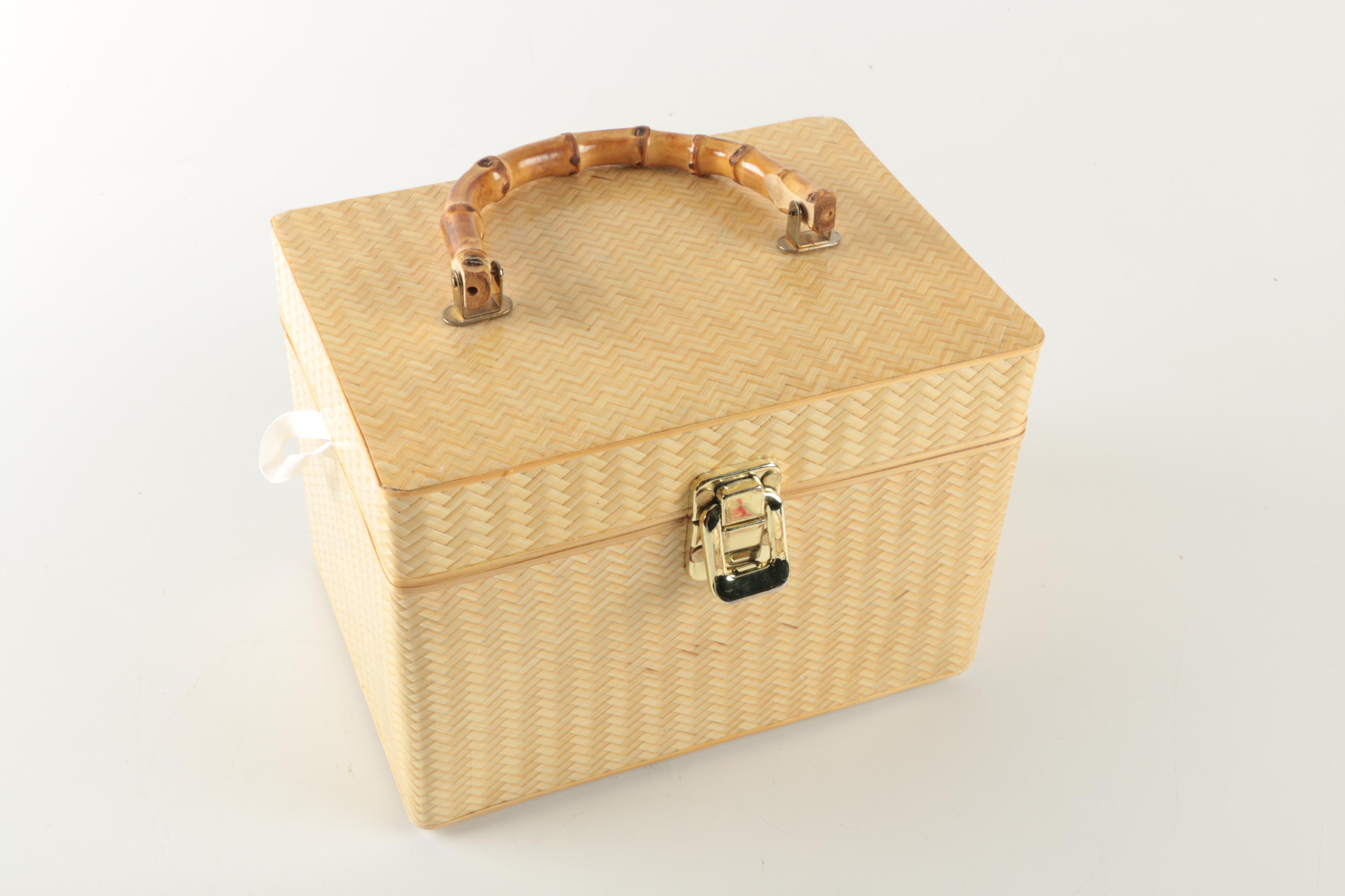 Woven Box Style Vanity Case with Vintage Handkerchiefs