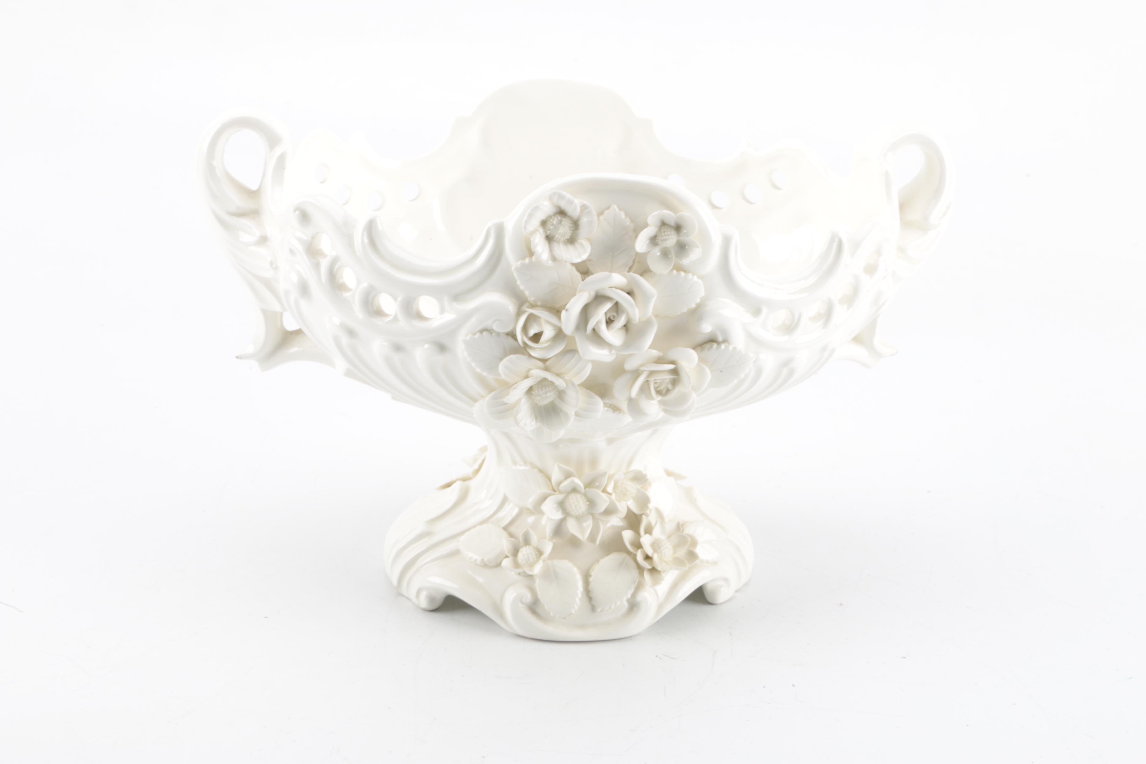 White Compote with Floral Relief