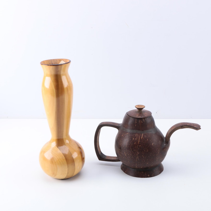 Decorative Carved Wooden Vase and Gourd Teapot