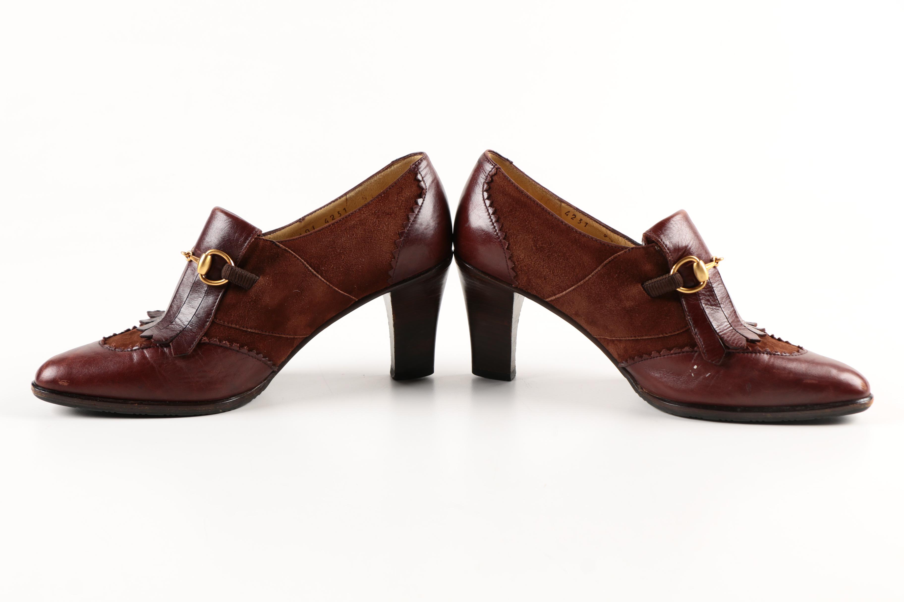 Women's Gucci Brown Leather and Suede Heeled Loafers