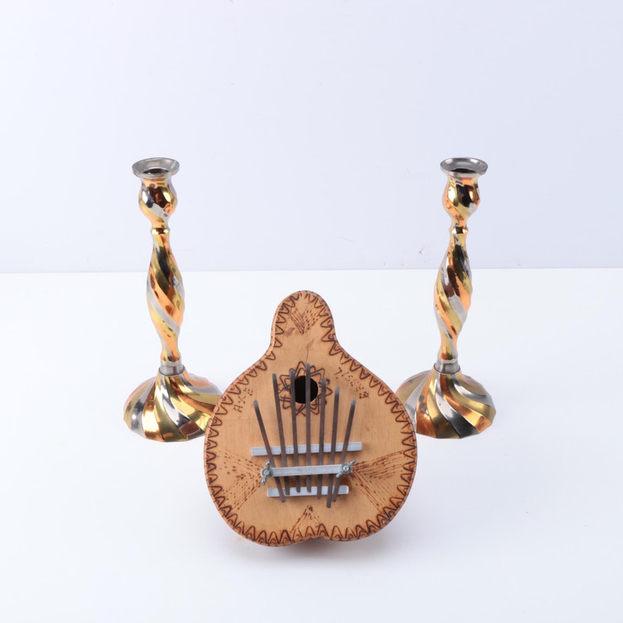 Indian Mixed Metal Candlesticks And Brazilian Kalimba Thumb Piano