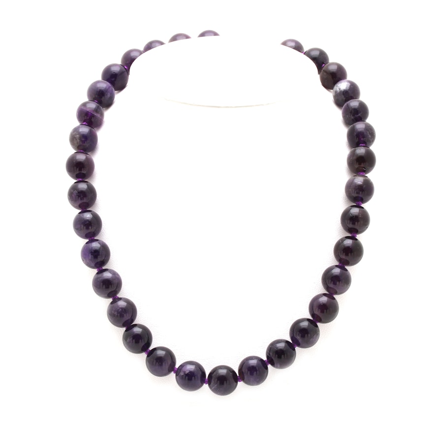 Hand-Knotted 390.00 CTW Amethyst Beaded Necklace with a Sterling Silver Clasp