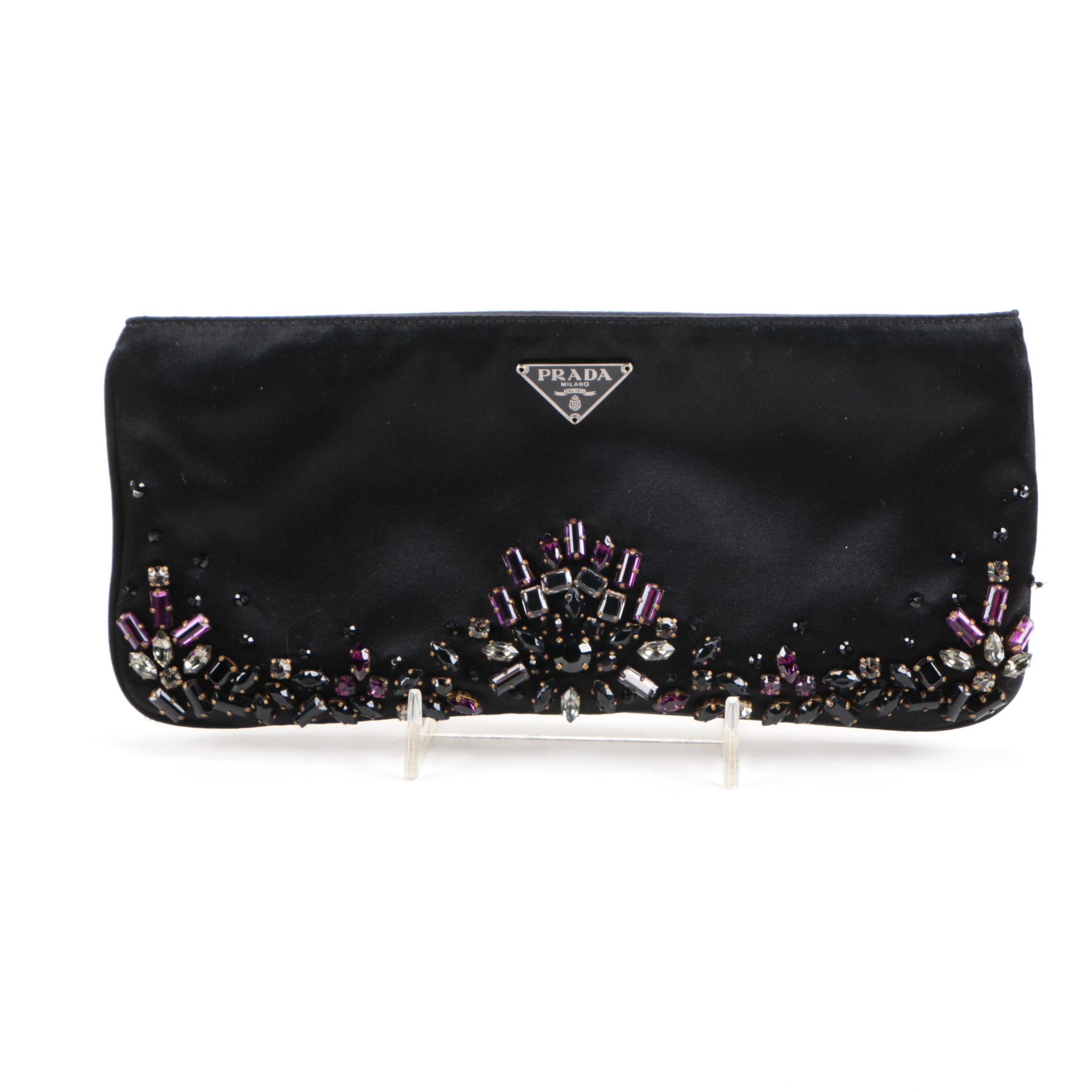 Prada Black Satin Clutch with Rhinestone Embellishments