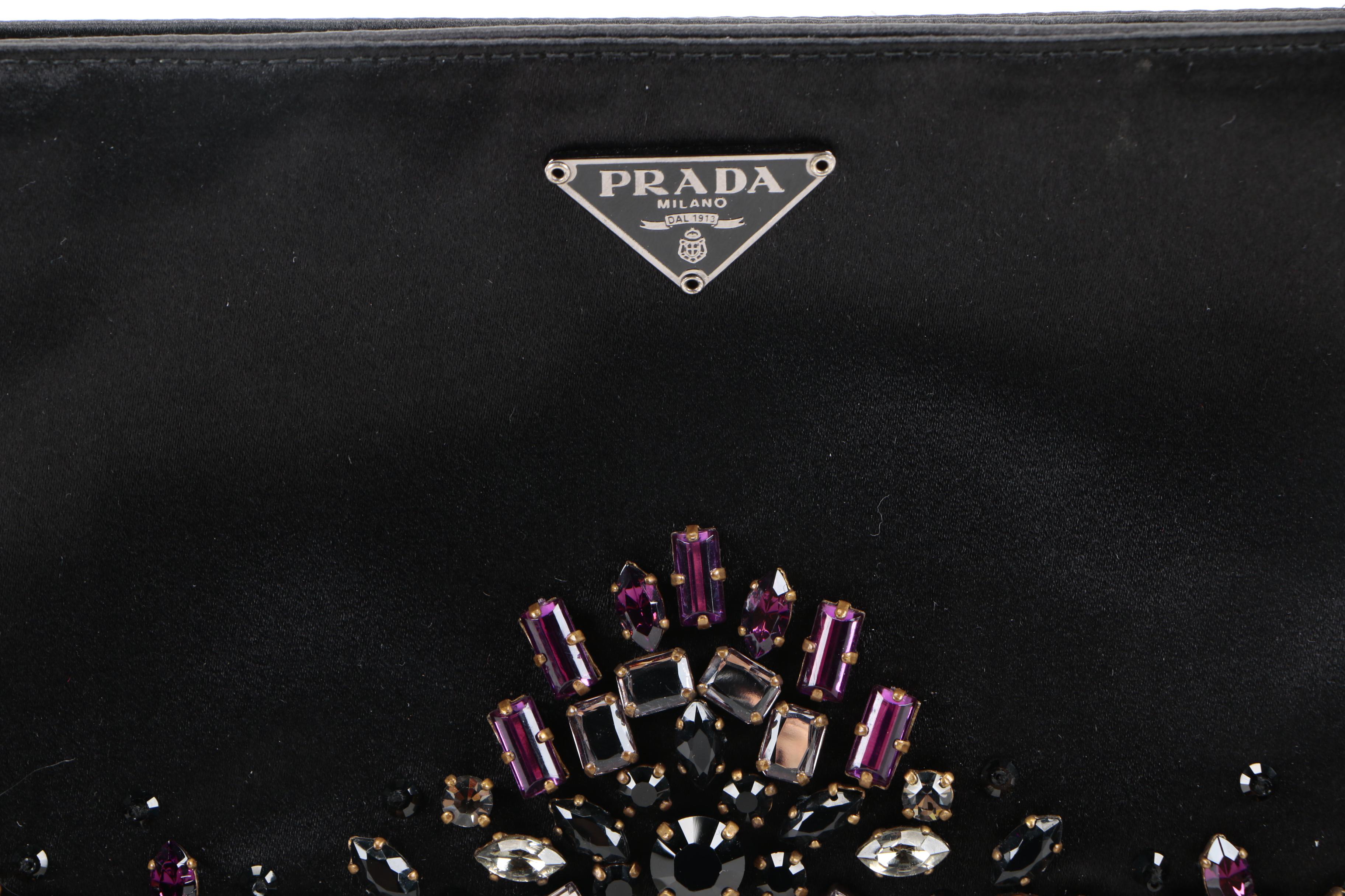 Prada Black Satin Clutch with Rhinestone Embellishments