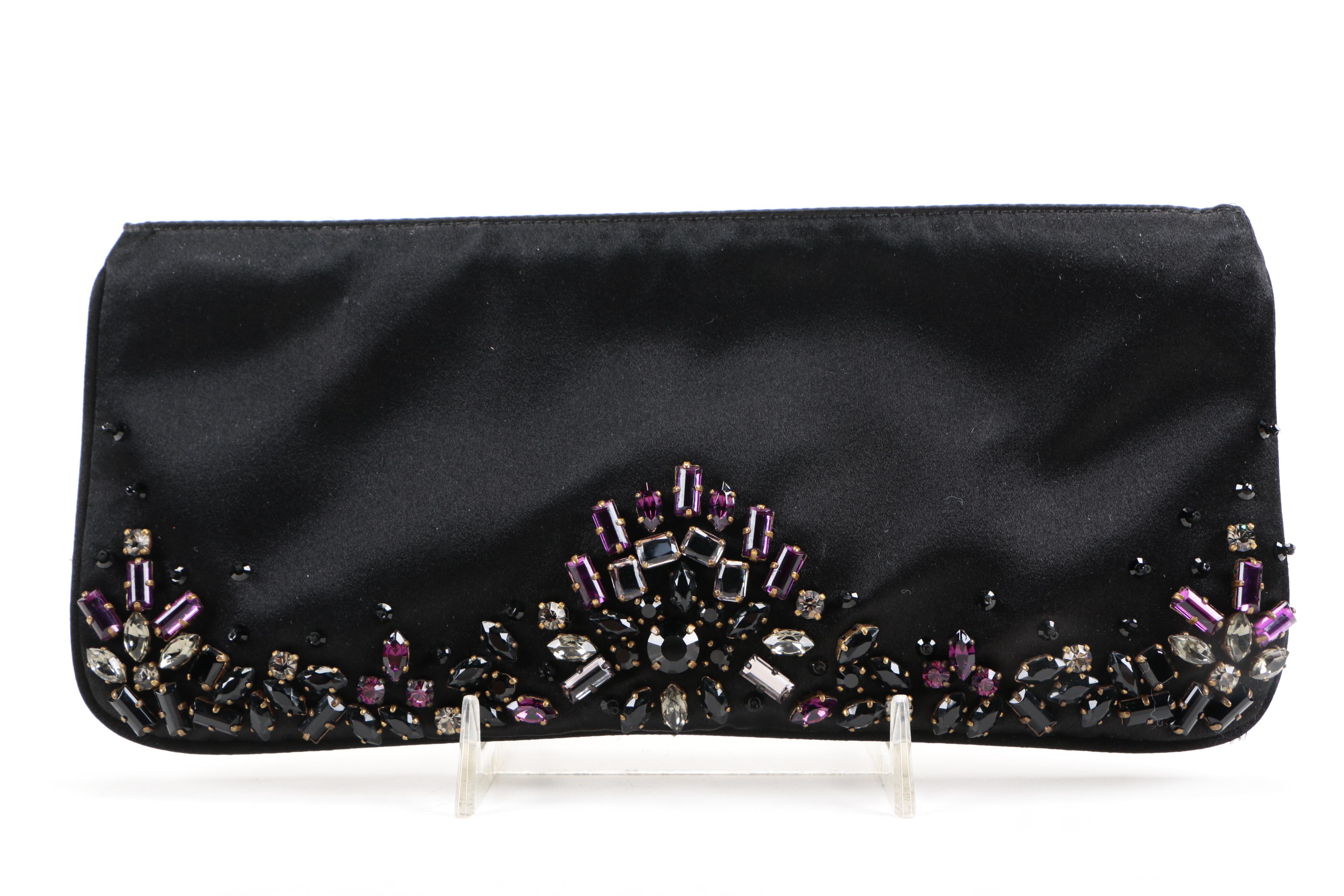 Prada Black Satin Clutch with Rhinestone Embellishments