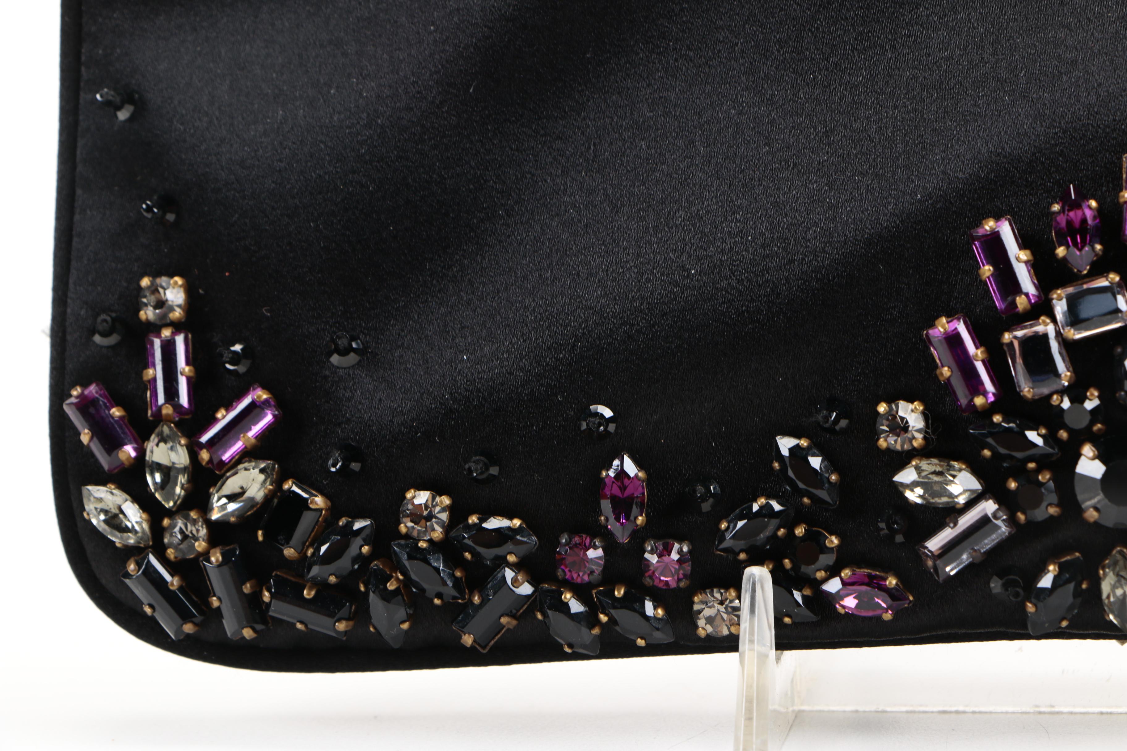 Prada Black Satin Clutch with Rhinestone Embellishments
