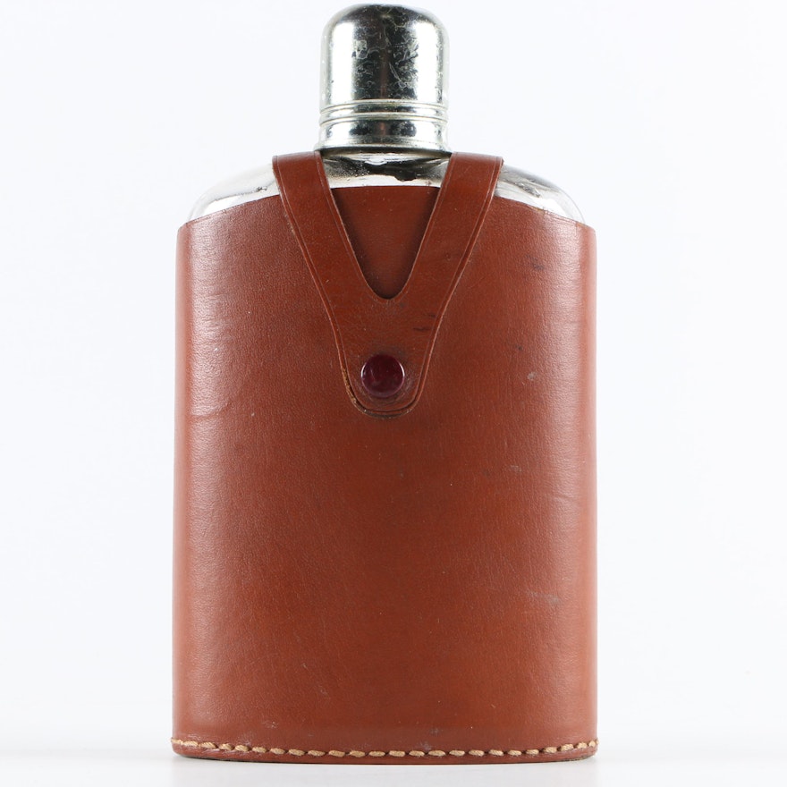 Vintage Glass Flask with Leather Case