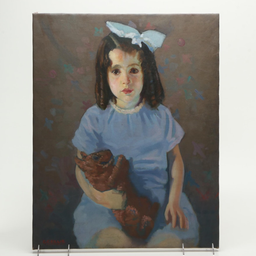 George Collie Oil Painting on Canvas "Girl With Stuffed Animal"