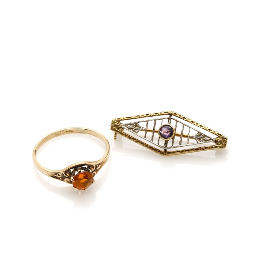 14K Yellow Gold Amethyst Brooch and 10K Yellow Gold Citrine Ring