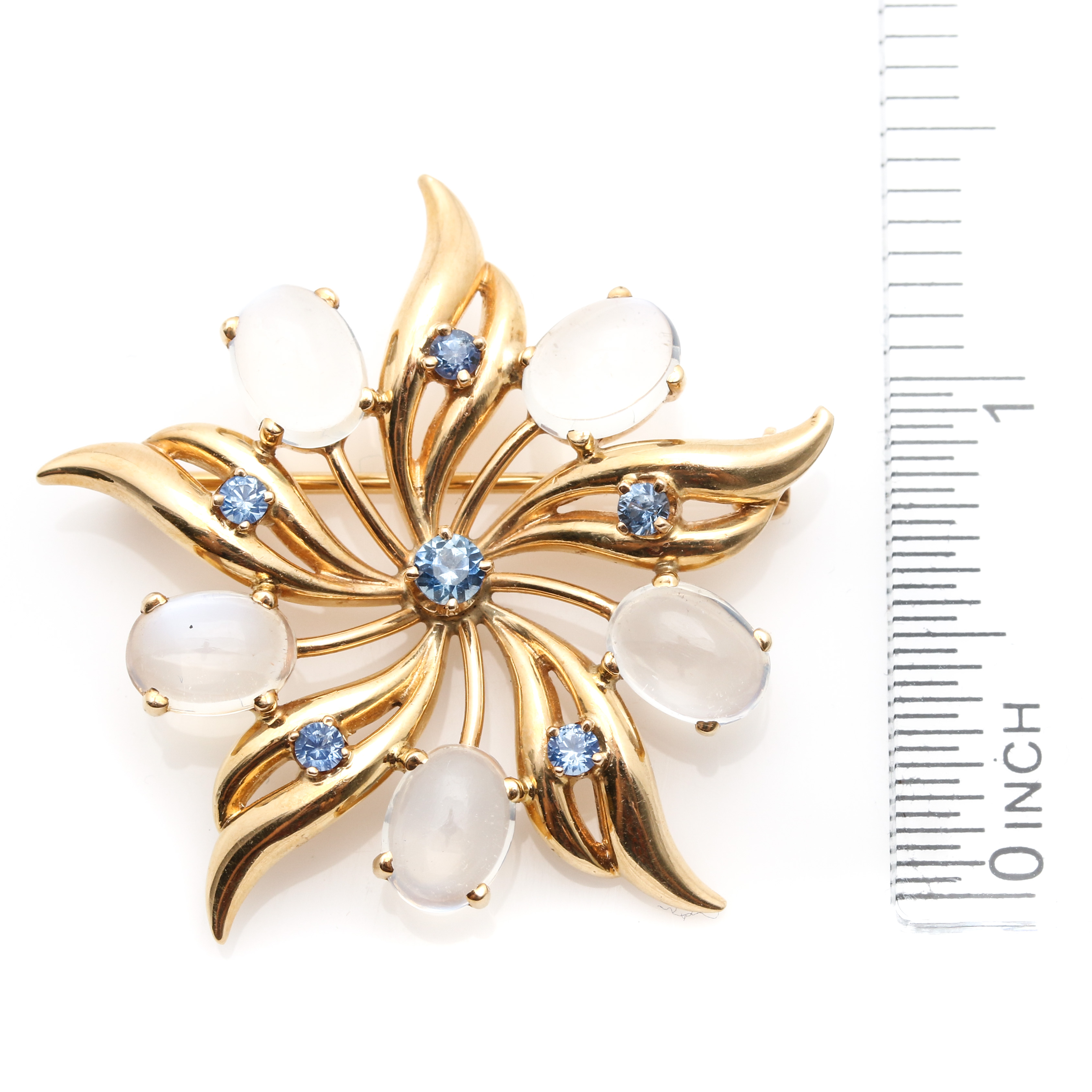 14K Yellow Gold Sapphire and Moonstone Brooch