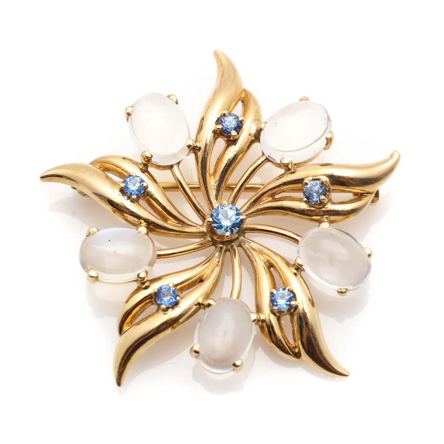 14K Yellow Gold Sapphire and Moonstone Brooch
