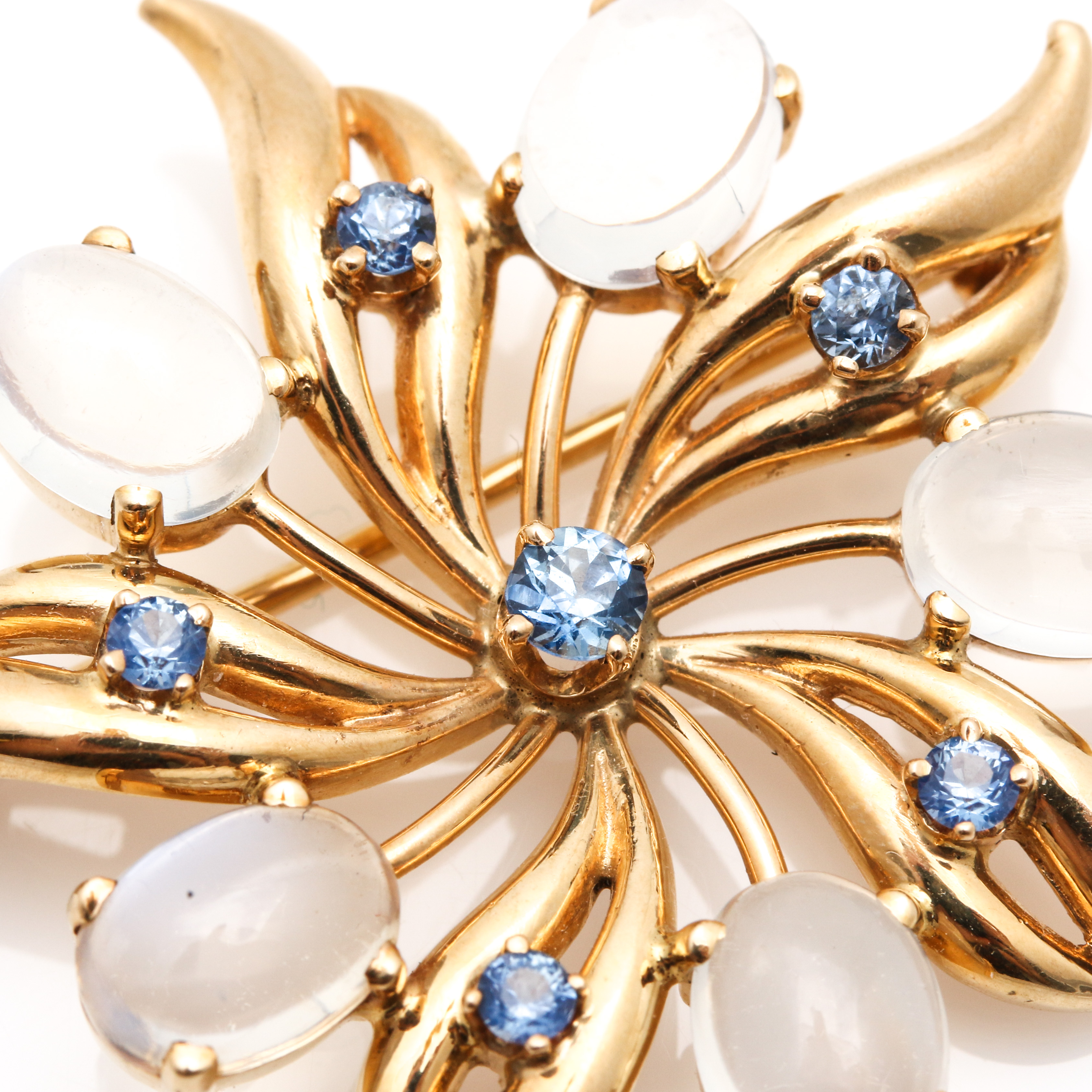 14K Yellow Gold Sapphire and Moonstone Brooch