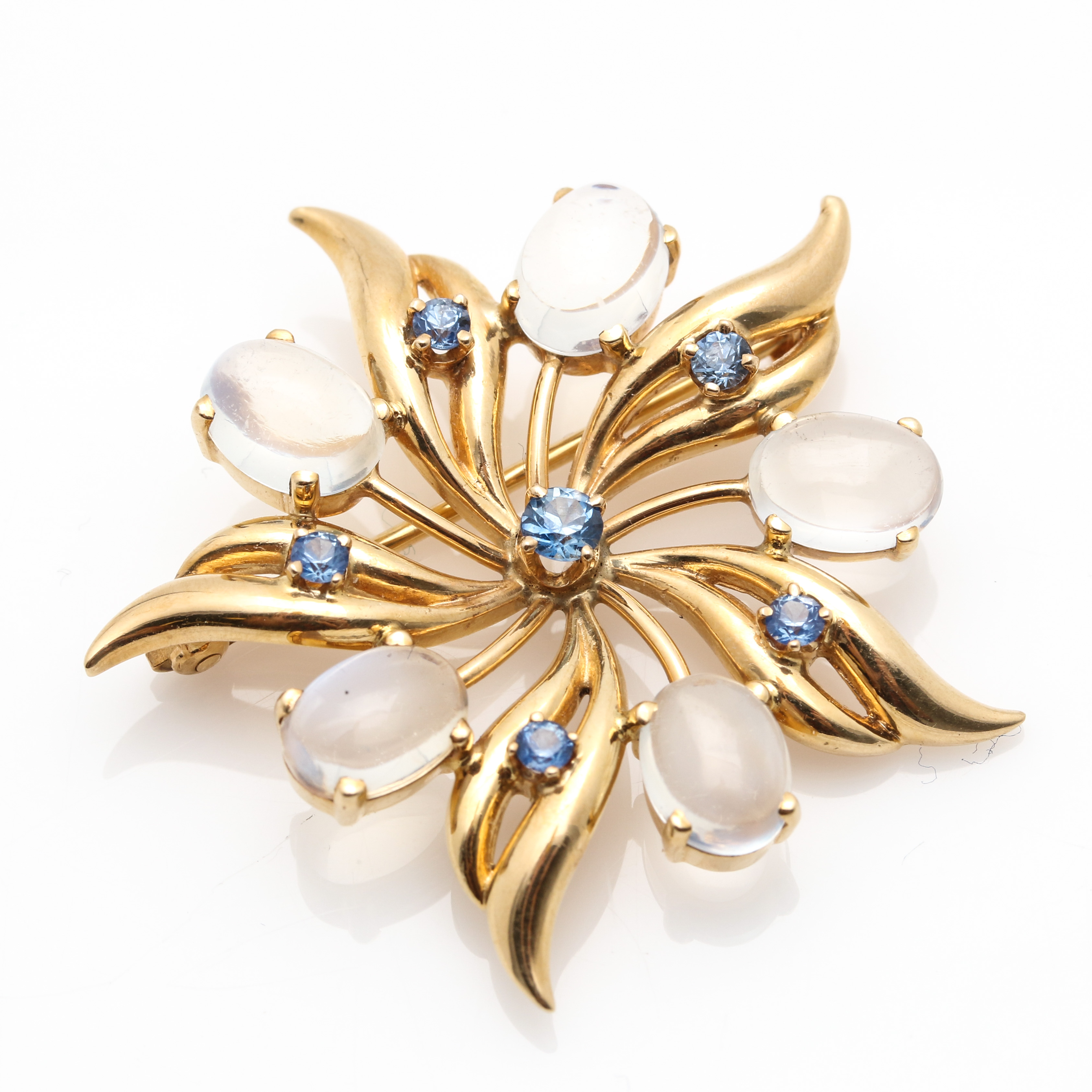 14K Yellow Gold Sapphire and Moonstone Brooch