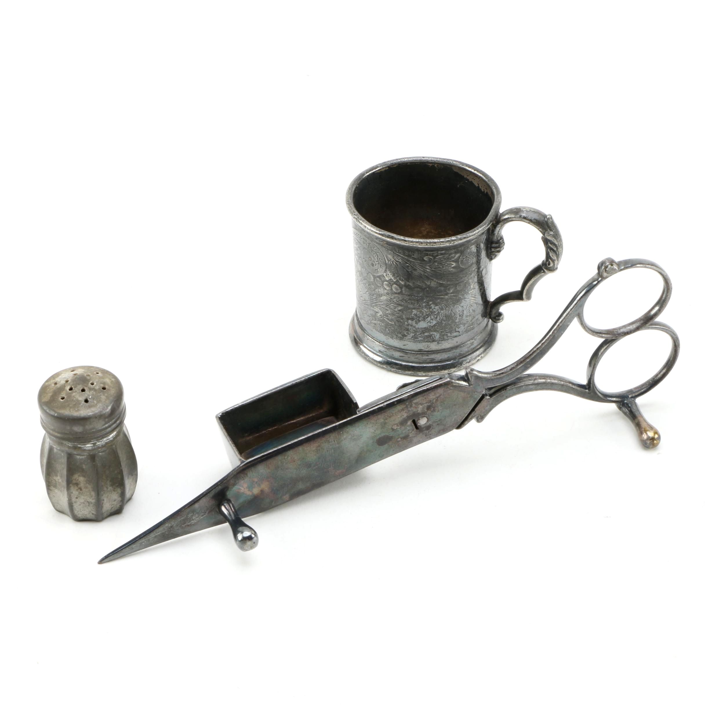 Silver Plate Candle Snuffer Scissors and Pewter Shaker and Mug