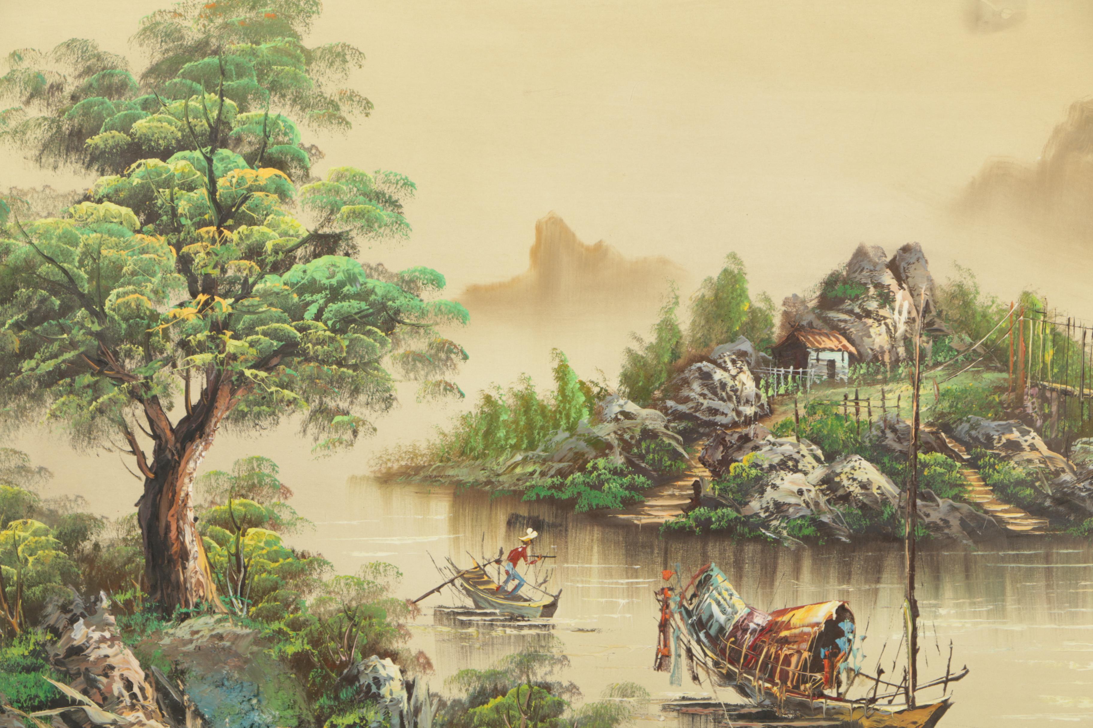 Kam Hoi Oil Painting on Canvas of East Asian Harbor Landscape