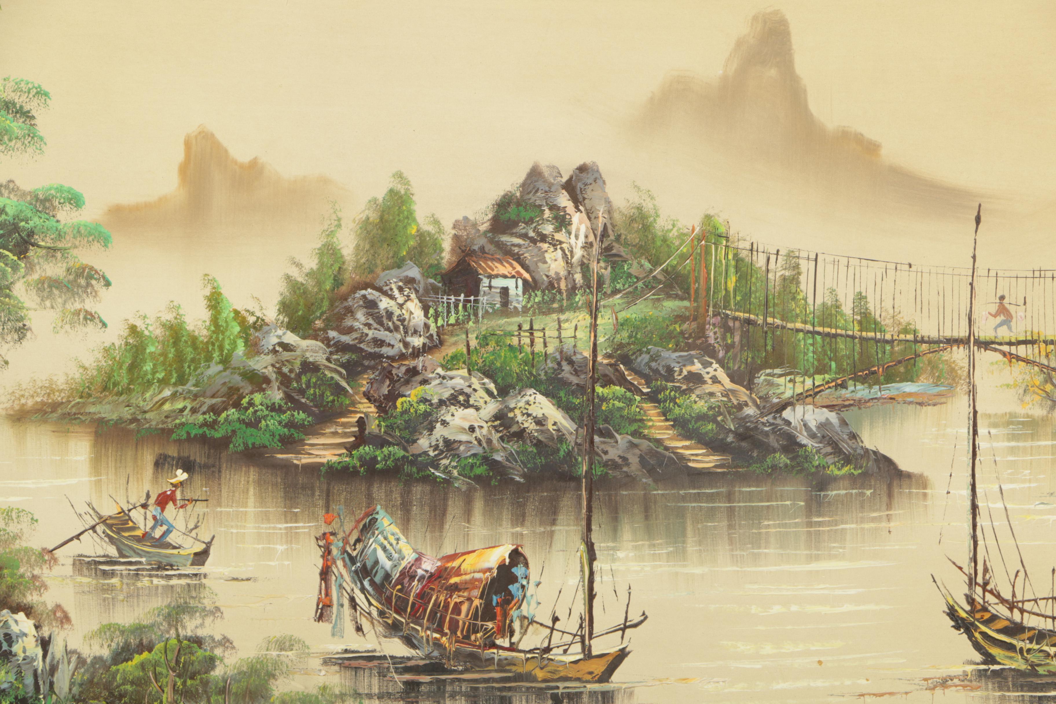 Kam Hoi Oil Painting on Canvas of East Asian Harbor Landscape