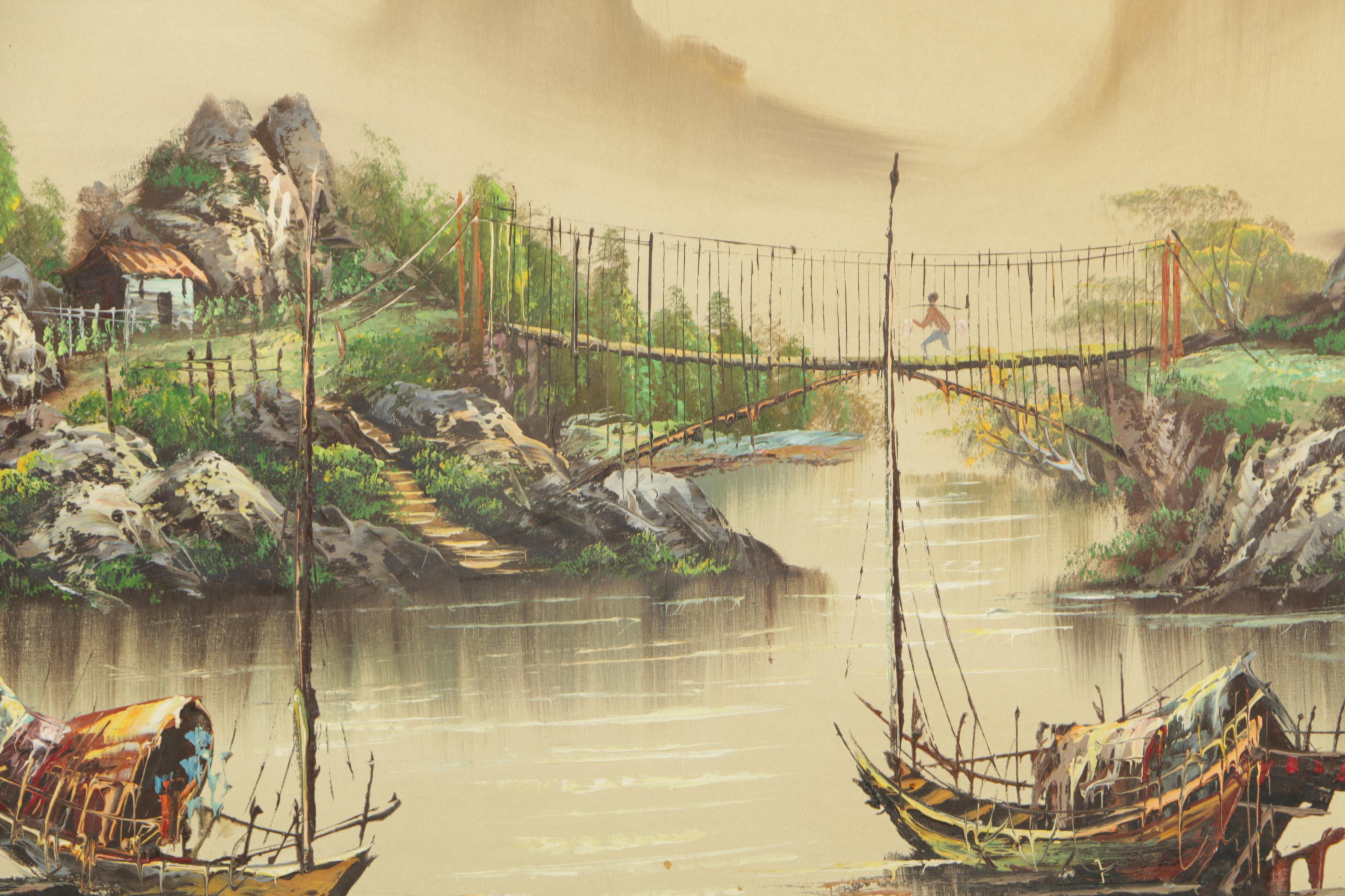 Kam Hoi Oil Painting on Canvas of East Asian Harbor Landscape
