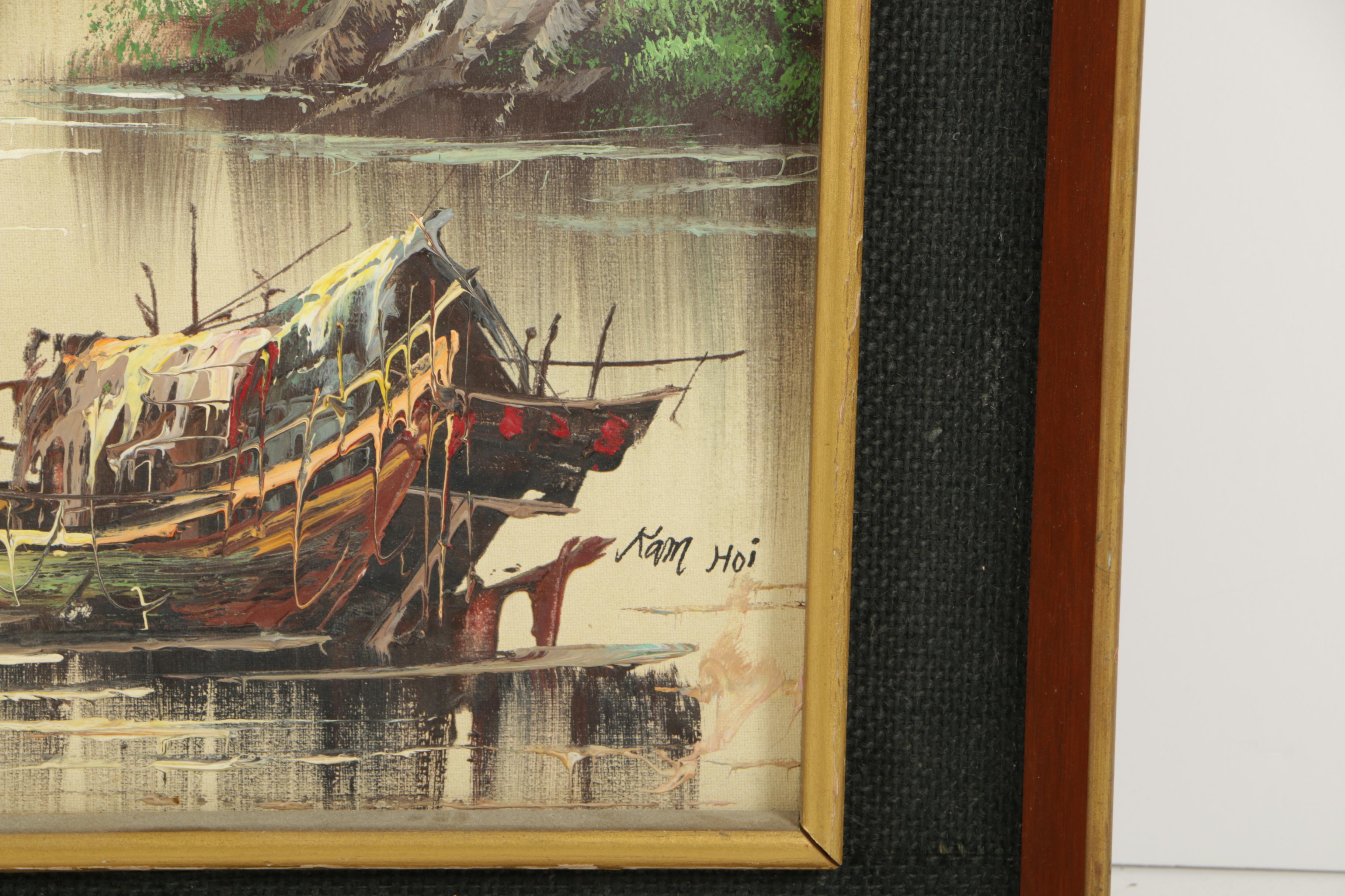 Kam Hoi Oil Painting on Canvas of East Asian Harbor Landscape