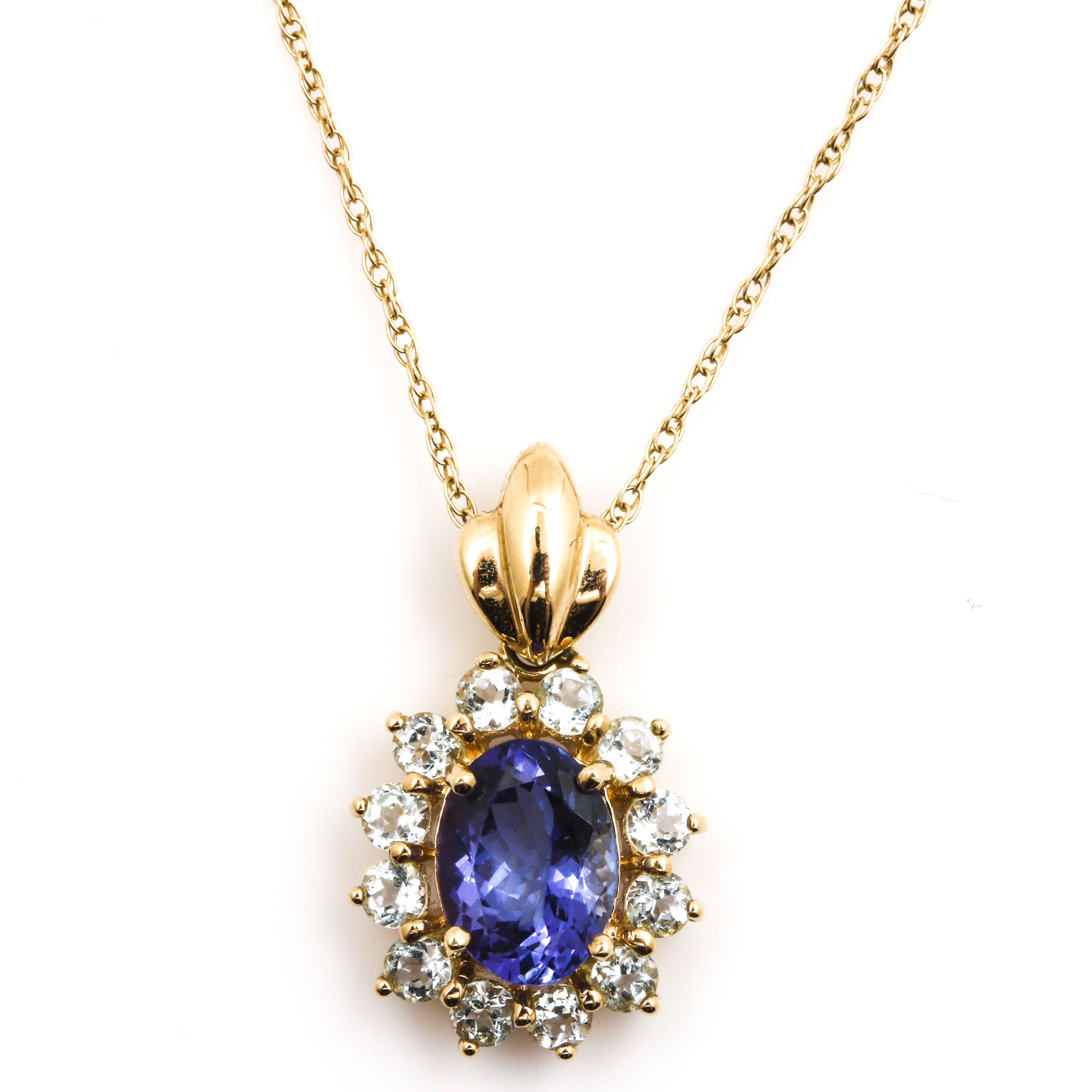 14K Yellow Gold Aquamarine and Tanzanite Pendant Necklace