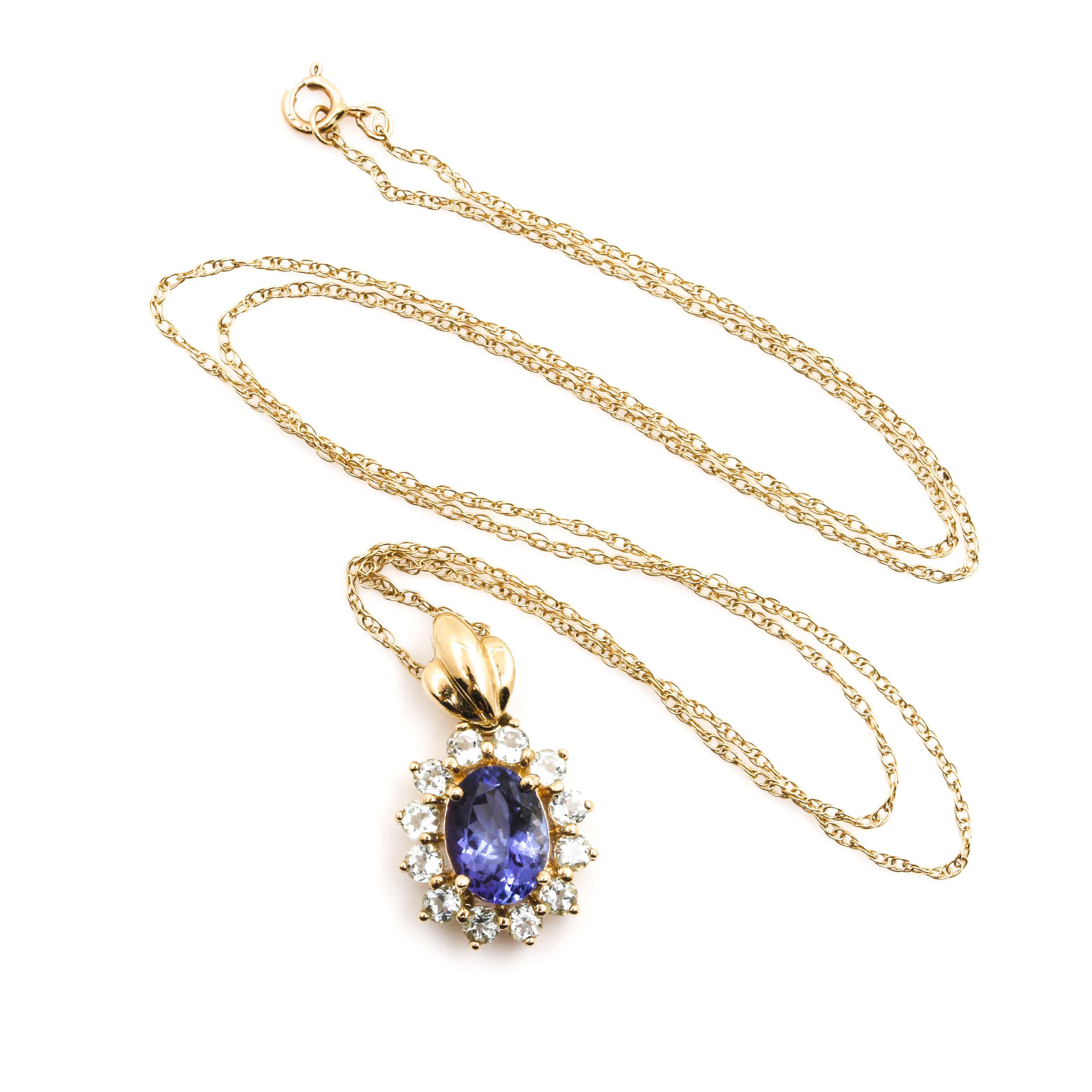 14K Yellow Gold Aquamarine and Tanzanite Pendant Necklace