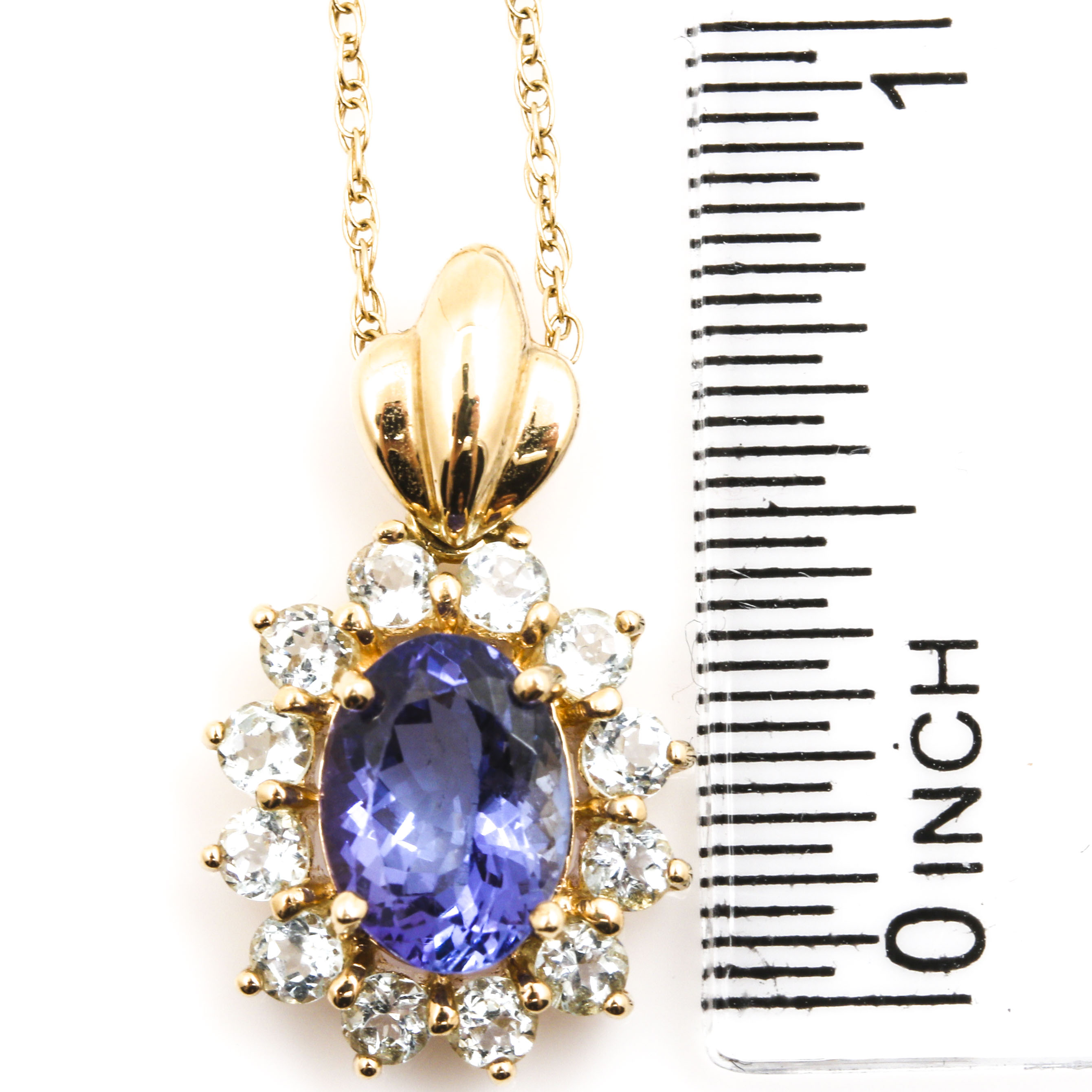 14K Yellow Gold Aquamarine and Tanzanite Pendant Necklace