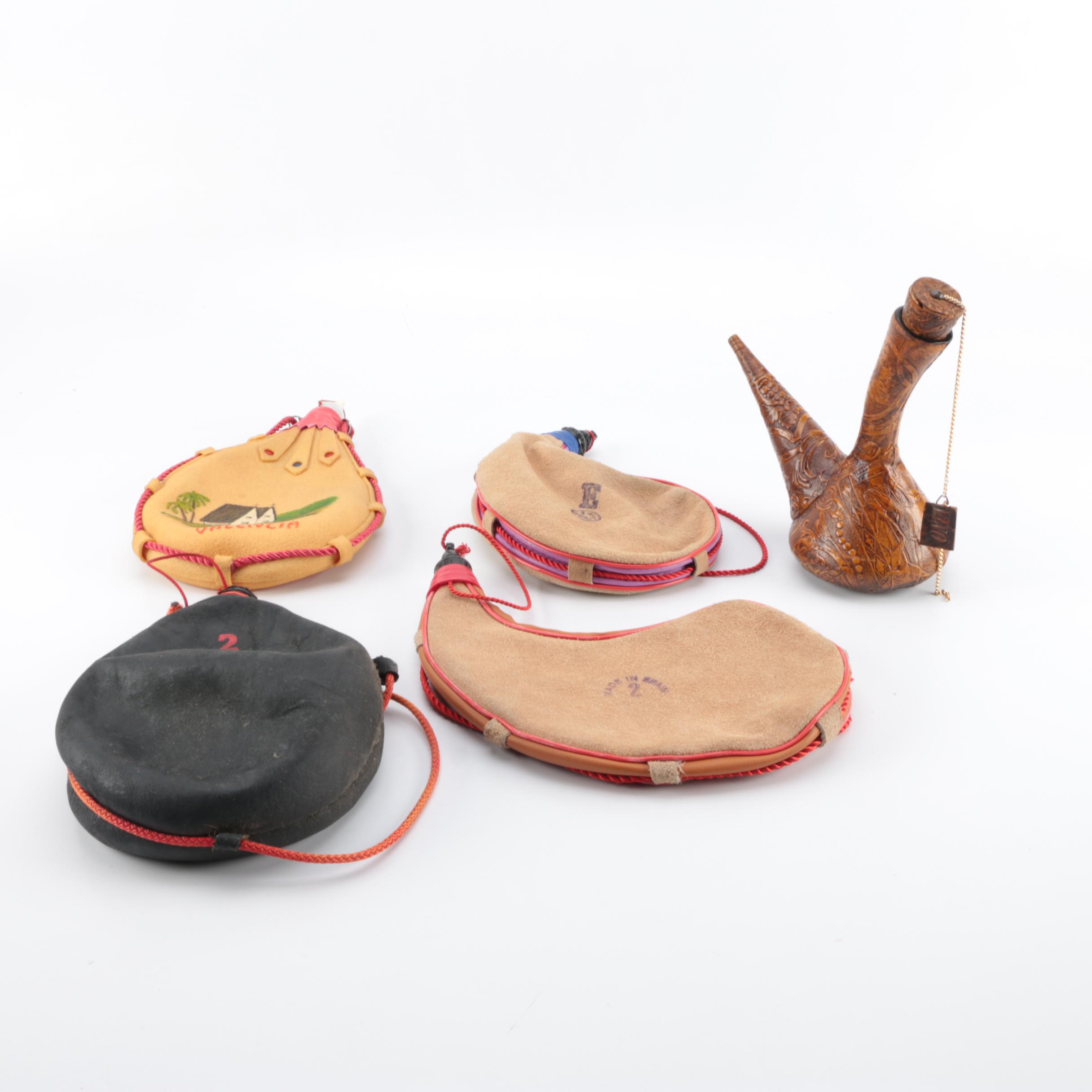 Spanish Leather Bota Bags and Tooled Leather Wine Decanter