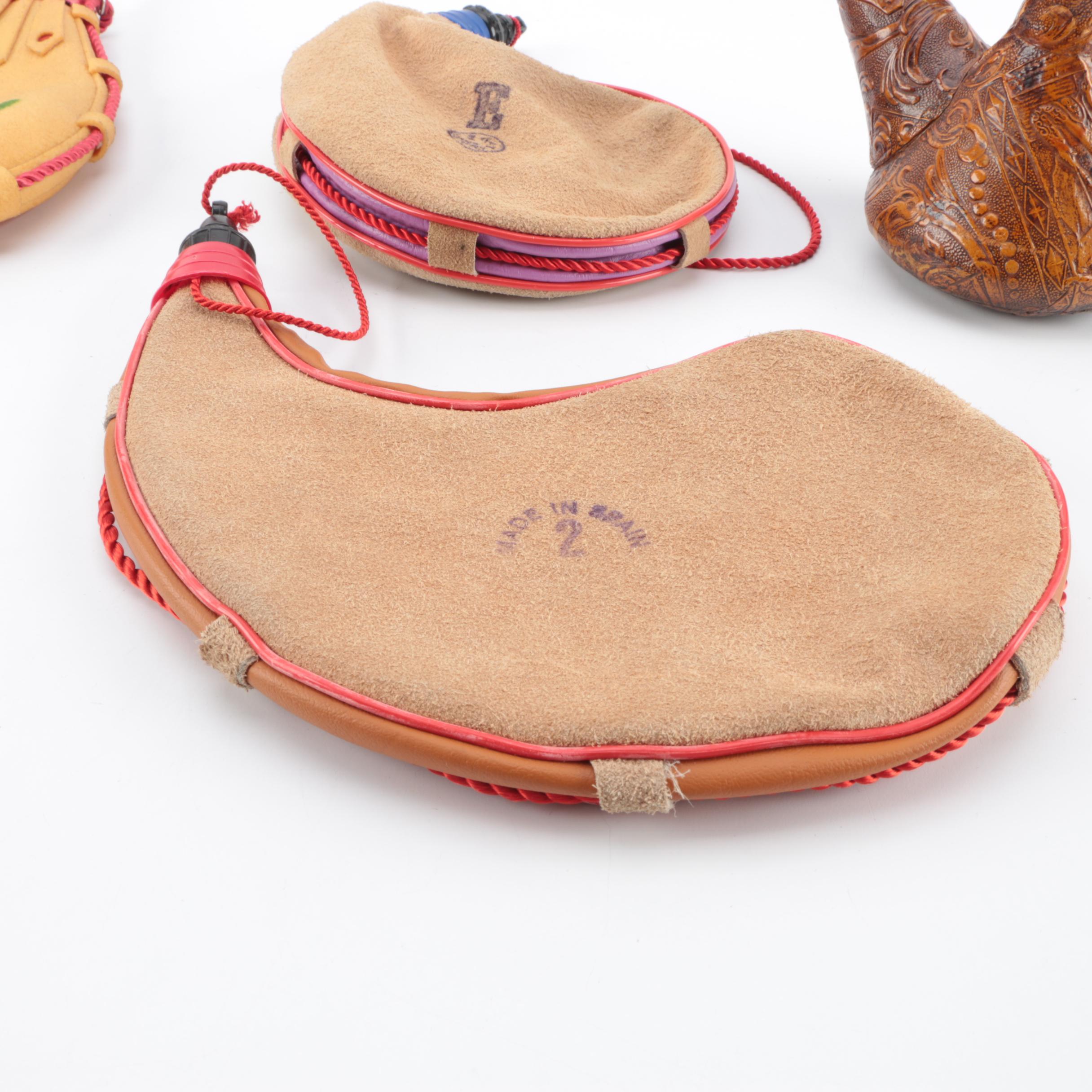 Spanish Leather Bota Bags and Tooled Leather Wine Decanter