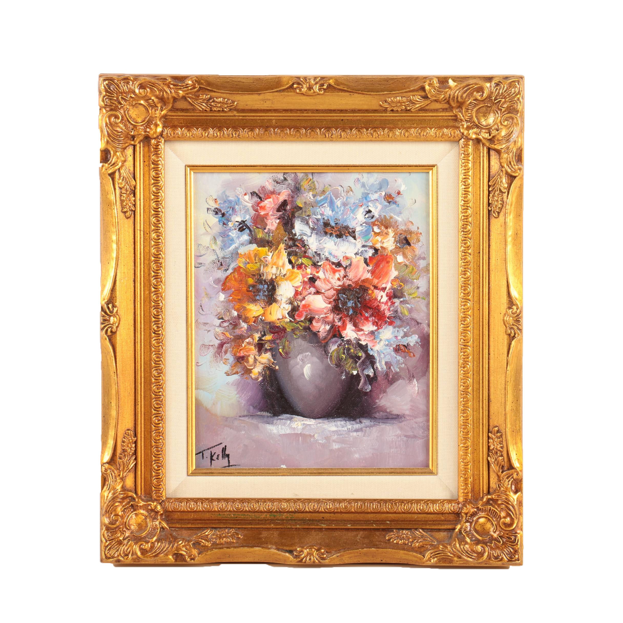 T. Kelly Oil Painting on Canvas of a Floral Still Life