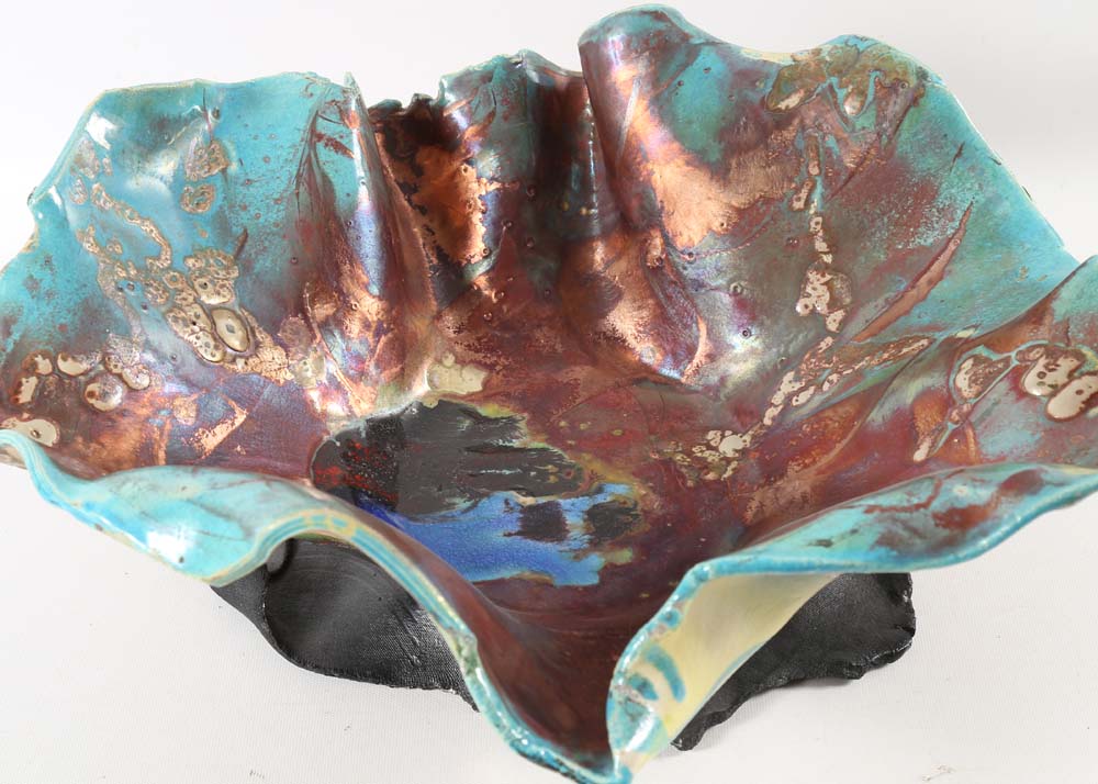 Signed Contemporary Handbuilt Raku Pottery Bowl