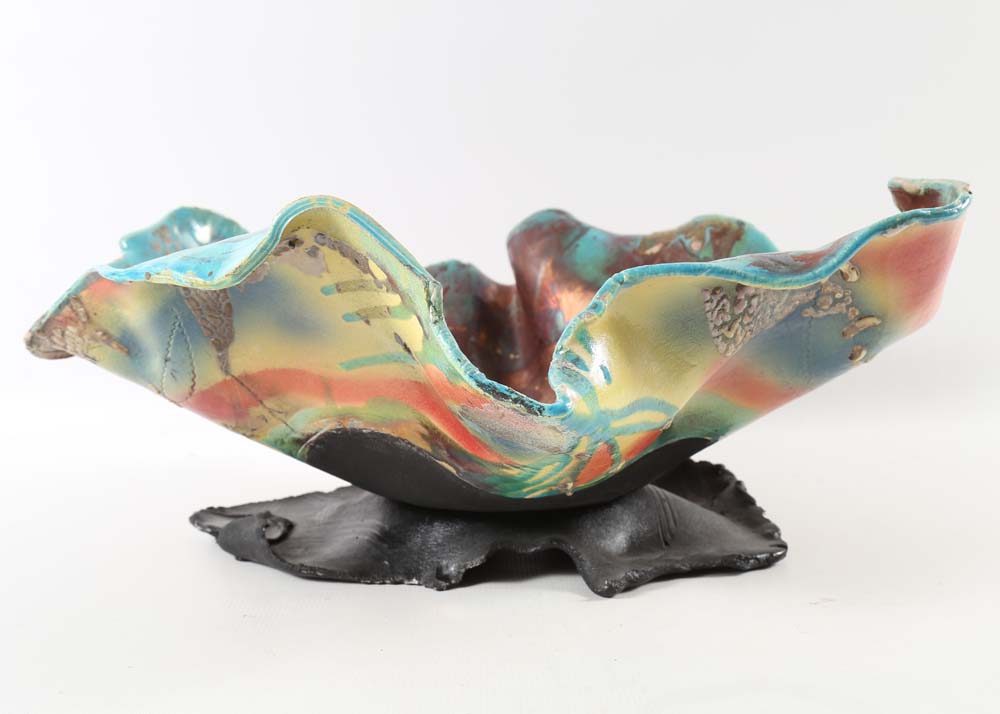 Signed Contemporary Handbuilt Raku Pottery Bowl