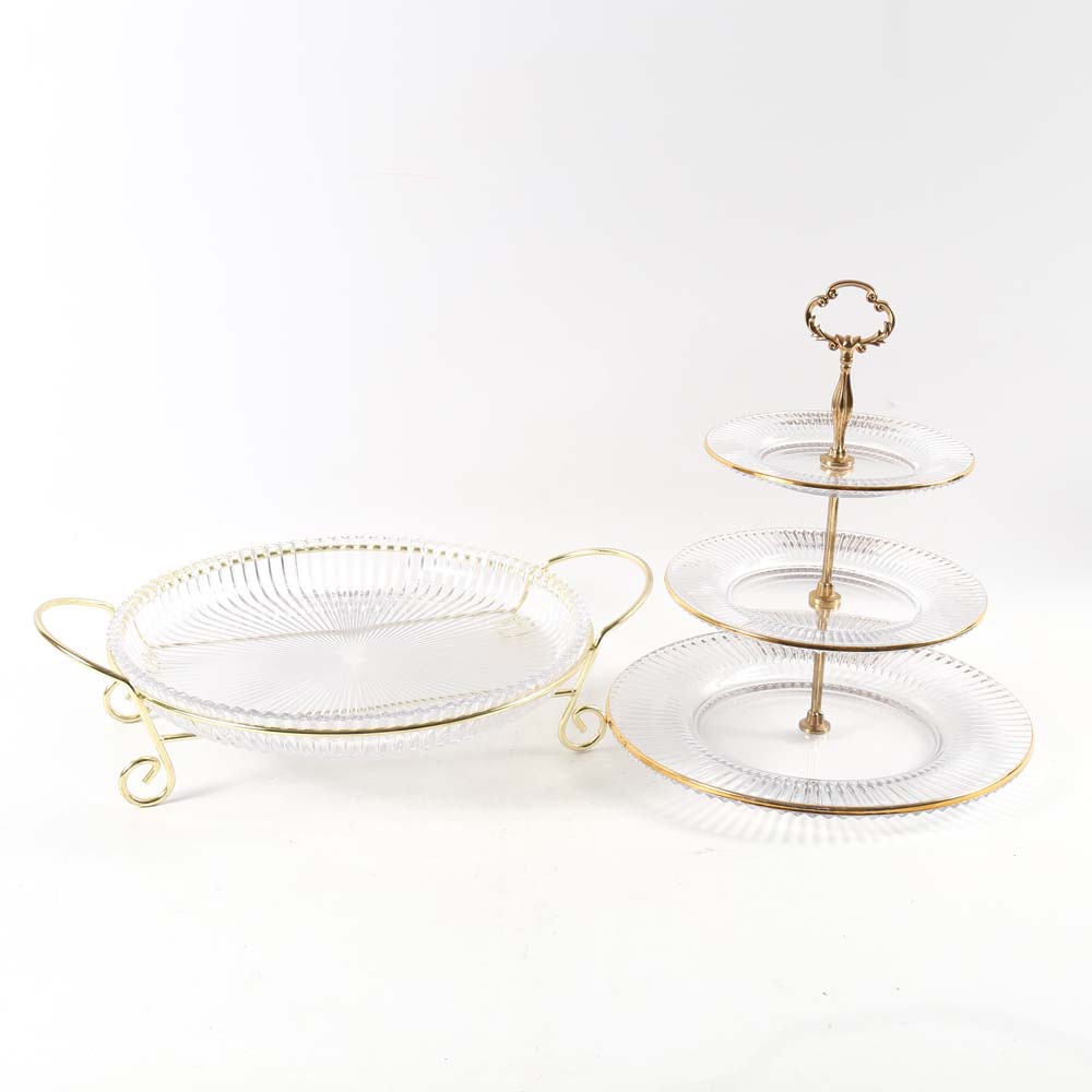 Gold Tone and Glass Serving Pieces