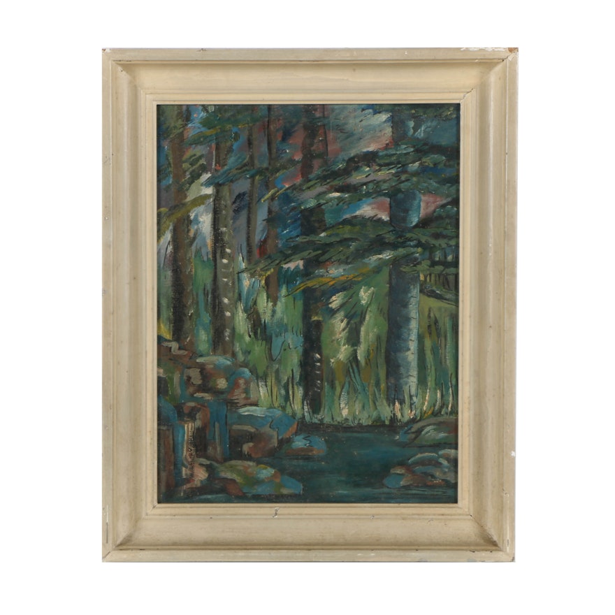 Mid 20th-Century Oil Painting on Canvas Board of Abstract Woodland Landscape
