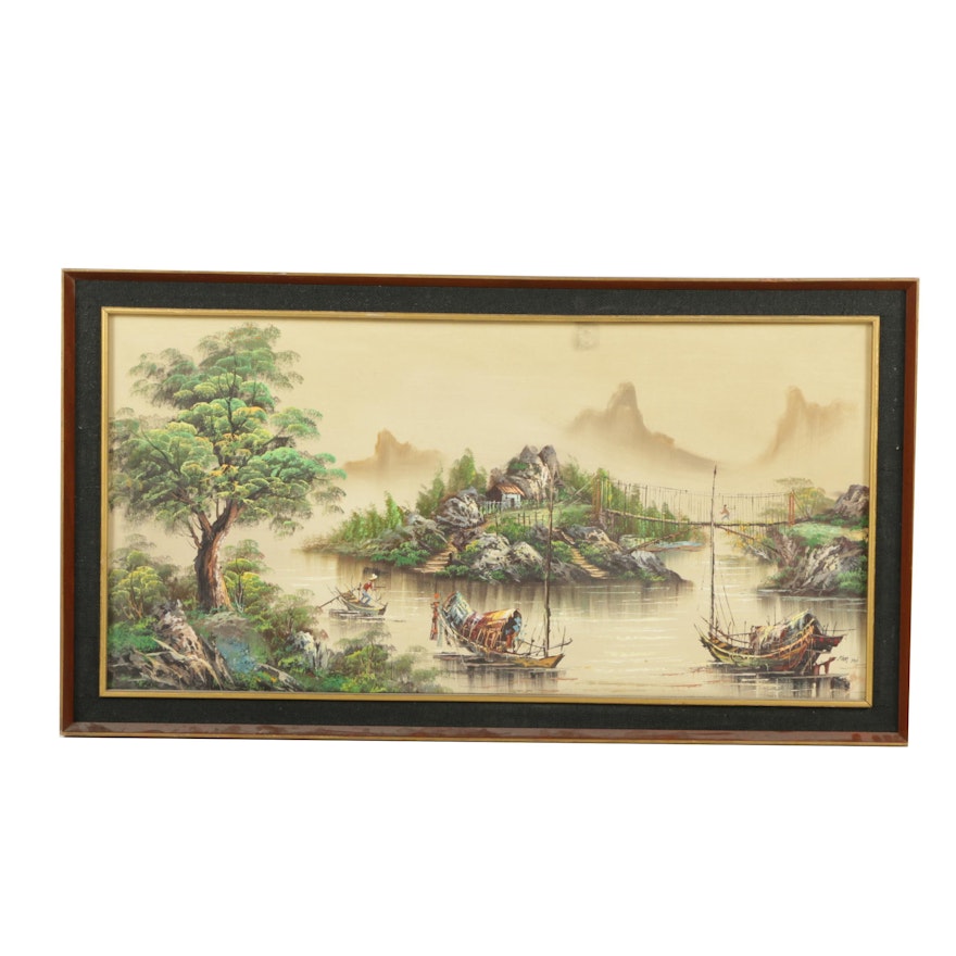 Kam Hoi Oil Painting on Canvas of East Asian Harbor Landscape