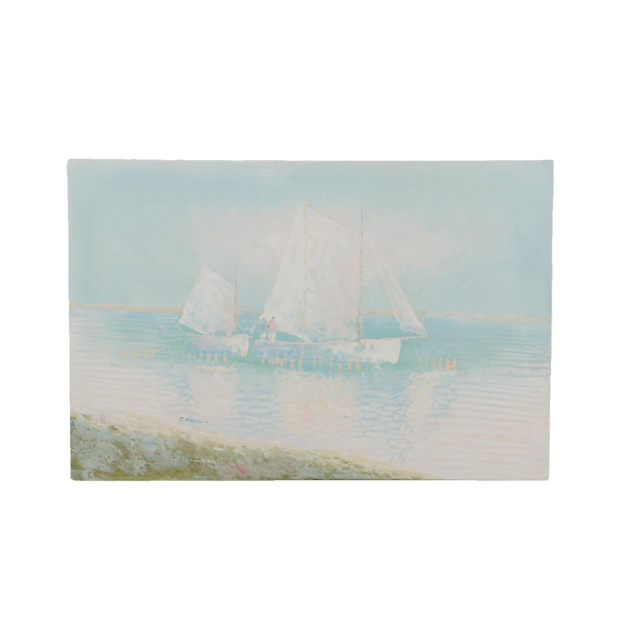 J. Brown Oil Painting of Sailboats