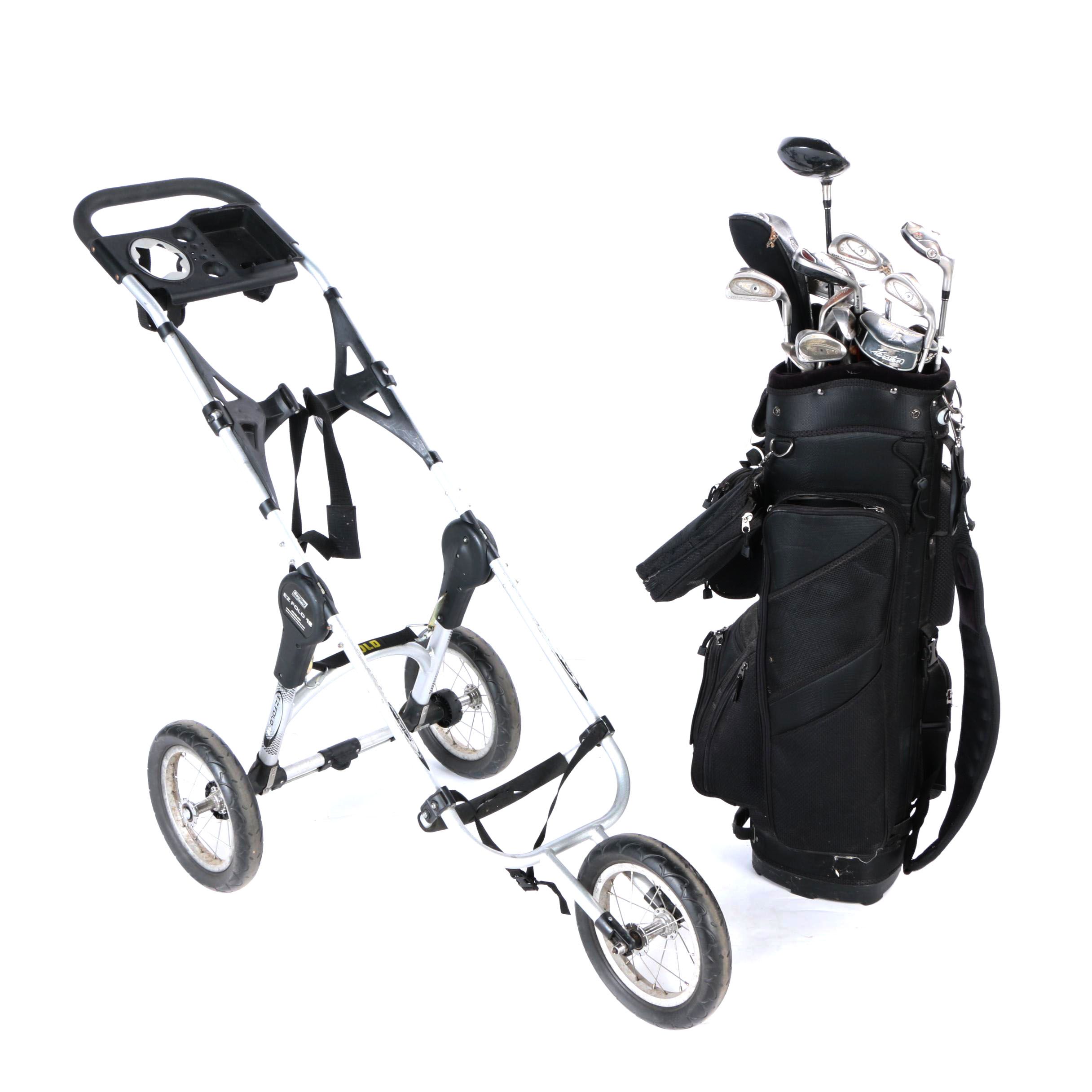 Bag Boy EZ Fold 12 Push Cart with Calina Golf Bag and Clubs EBTH