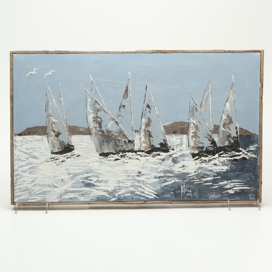 Alice Petrina 1975 Oil Painting on Canvas of Sailboats in Blue, White and Grey