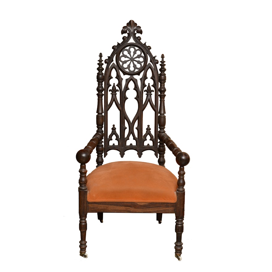 19th Century Gothic Revival Armchair with Upholstered Seat