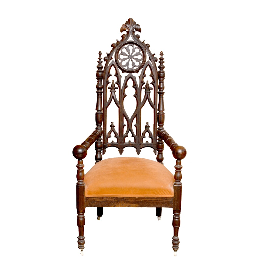 19th Century Gothic Revival Arm Chair with Upholstered Seat