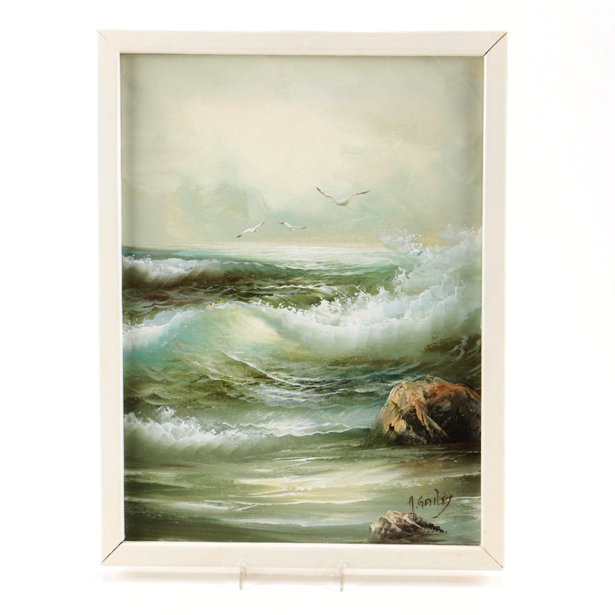 H. Gailey Oil Painting on Canvas of Waves Crashing Against Shoreline