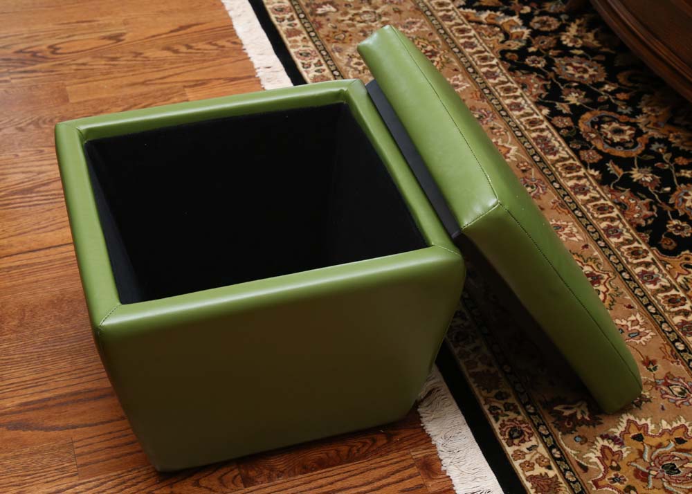 Green Leather Storage Ottoman