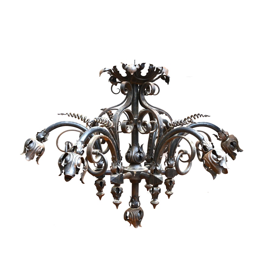 Antique Wrought Iron Ornate Foliate Chandelier