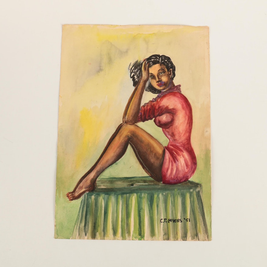C. T. Myers Watercolor Painting of Seated Woman