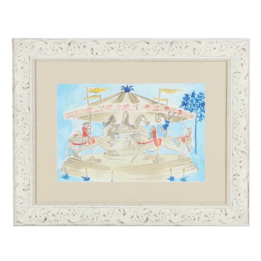 Watercolor and Ink Painting on Paper of a Carousel